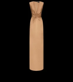 SLEEVELESS DEEP V-NECK TWIST FRONT SILK EVENING DRESS