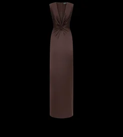 SLEEVELESS DEEP V-NECK TWIST FRONT SILK EVENING DRESS