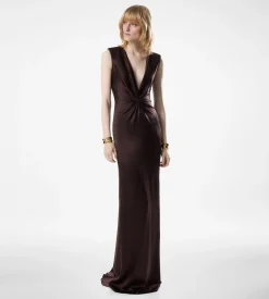 SLEEVELESS DEEP V-NECK TWIST FRONT SILK EVENING DRESS