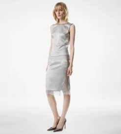 SLEEVELESS SILK TOP WITH V-BACK AND LACE INSERTS