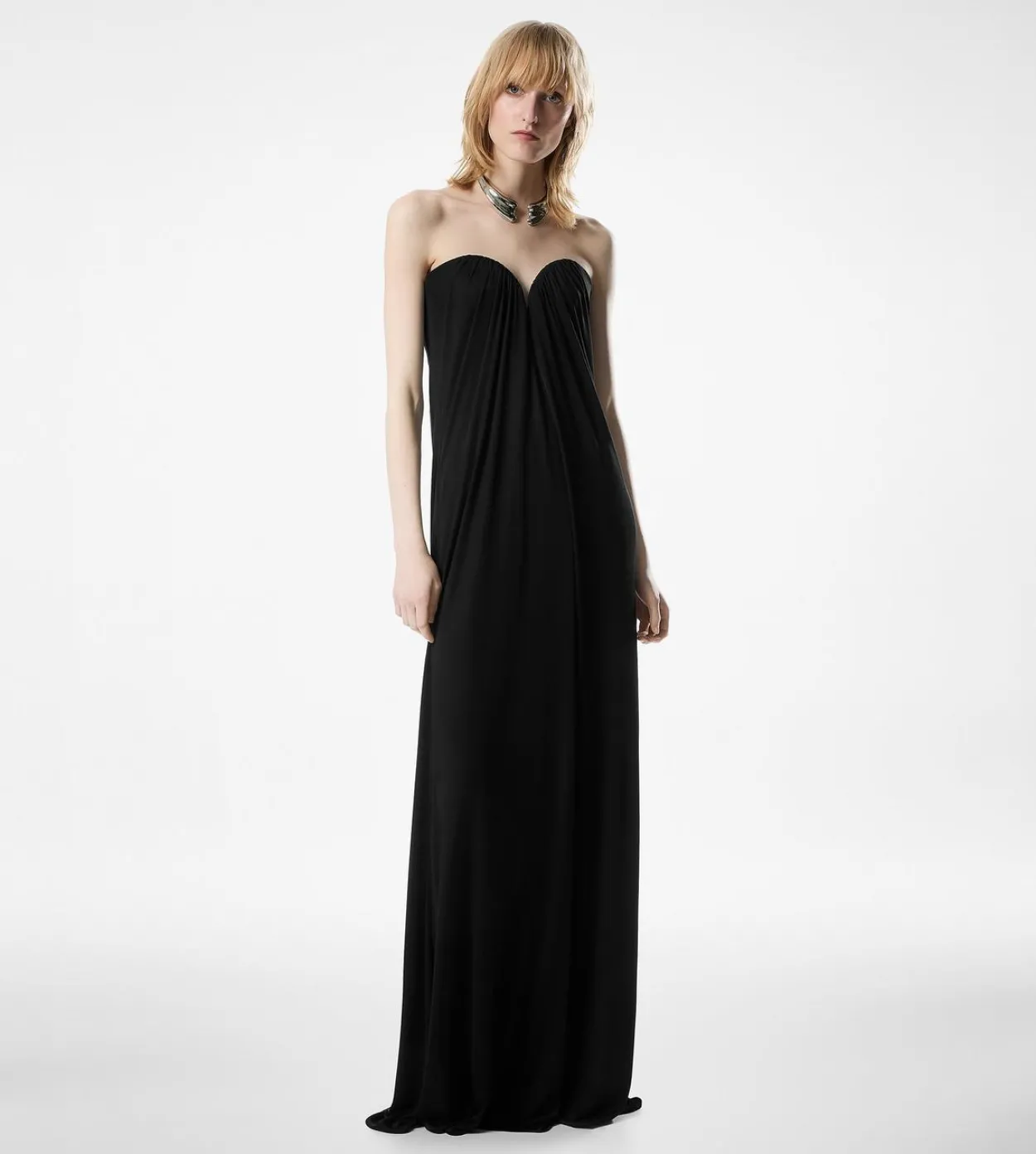 STRAPLESS DRAPED EVENING DRESS