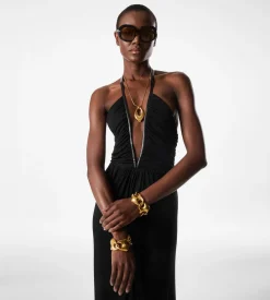 STRETCH JERSEY DEEP V-NECK EVENING DRESS