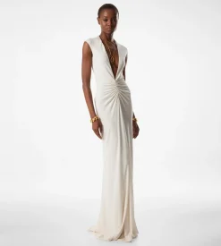 STRETCH SABLE' JERSEY DEEP V-NECK EVENING DRESS