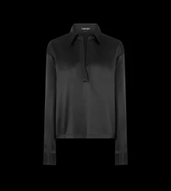 STRETCH SILK SATIN POLO WITH TONAL TF EMBROIDERED LOGO