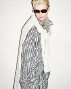 STRIPED SILK PJ SHIRT WITH PIPING AND TONAL TF EMBROIDERED LOGO