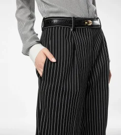 STRIPED WOOL COTTON BARATHEA RELAXED PLEATED STRAIGHT PANTS