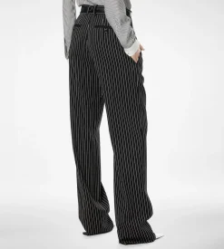 STRIPED WOOL COTTON BARATHEA RELAXED PLEATED STRAIGHT PANTS