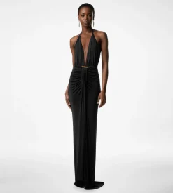 V-NECK EVENING DRESS WITH DRAPED WATERFALL DETAIL