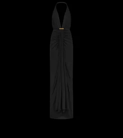 V-NECK EVENING DRESS WITH DRAPED WATERFALL DETAIL