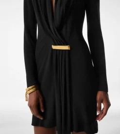 V-NECK LONG SLEEVE COCKTAIL DRESS WITH BAR DETAIL