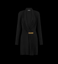 V-NECK LONG SLEEVE COCKTAIL DRESS WITH BAR DETAIL