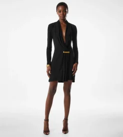 V-NECK LONG SLEEVE COCKTAIL DRESS WITH BAR DETAIL